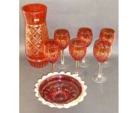 MODERN RUBY FLASH CUT GLASS VASE, SIX SIMILAR WINE GLASSES AND A MURANO RUBY DISH [8]