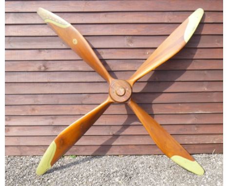 FOUR BLADED MAHOGANY PROPELLOR FROM A DARRACQ BUILT F.E.8. CIRCA 1915, EACH BLADE WITH BRASS TIP, ONE BLADE APPLIED WITH DARR