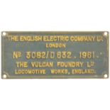 Railway Locomotive Worksplates (Diesel), EE, 3082, D632. 1961 (40136): A worksplate, ENGLISH