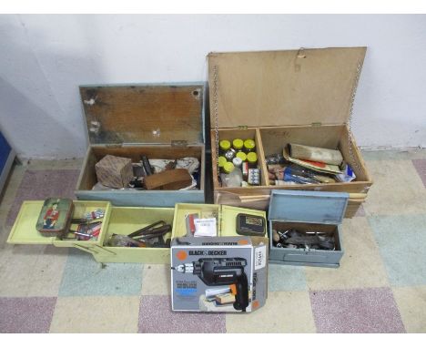 A collection of various tools and accessories including a Black &amp; Decker Hammer Drill, files, spanners, drill bits, screw