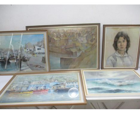 Four Roy Stringfellow pastels of Cornish scenes including Polperro, Looe Quay along with a pastel portrait etc