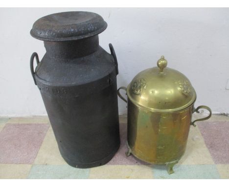 A vintage milk churn along with a brass coal bin
