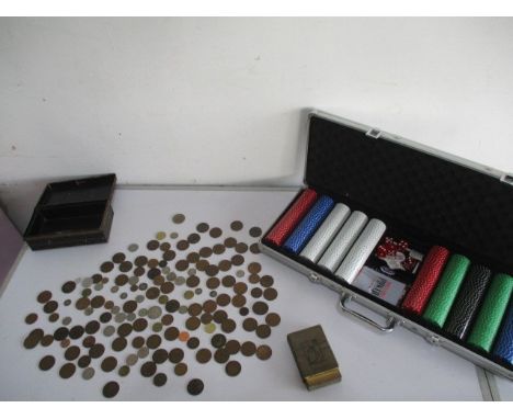 A collection of various vintage coins along with a cased poker set etc