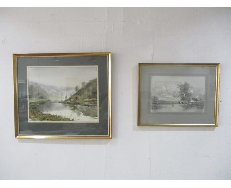 A framed watercolour of a river scene, signed by the artist Ranson, along with a pencil drawing by Edwin Furlong called Paxto