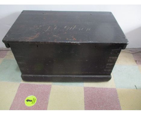 An antique metal bound trunk with name inscribed to lid (Gibson)