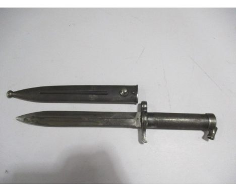 A Swedish Mauser bayonet M 1896 in metal scabbard- blade numbered 577, scabbard no.44