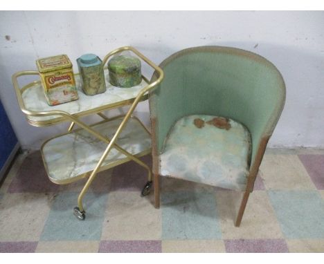 Three vintage tins including Colemans, along with a trolley &amp; Lloyd Loom style chair