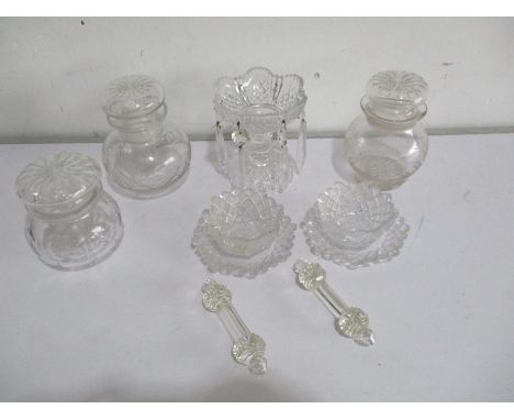 A collection of glassware including epergne style centre piece, knife rests etc