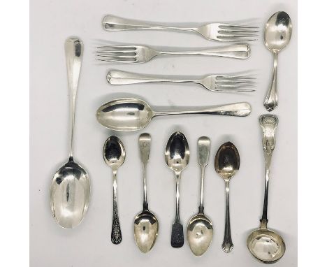 A collection of hallmarked silver cutlery including a Georgian rat tail spoon, ladle etc. Total weight 438g