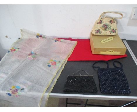 A vintage "Pointelle" Waldy Bag in box and two others along with two vintage scarves