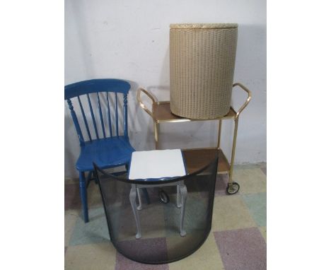 A metal tea trolley, Lloyd Loom linen basket, painted chair, firescreen etc.
