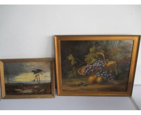 Two framed oil paintings, one portrait of fruit along with a rural scene