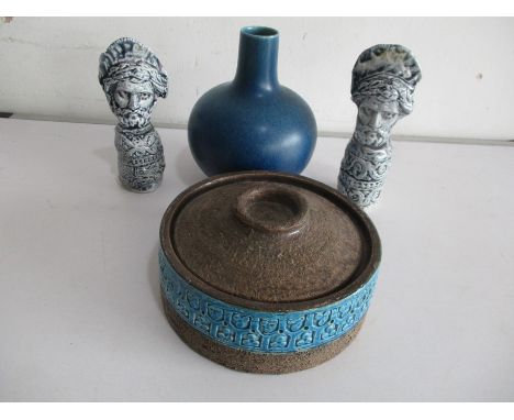 A Royal Lancastrian mottled blue vase along with 3 pieces of studio pottery