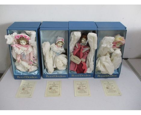 A collection of four boxed Royal Doulton Nisbet limited edition collectors dolls including Pink Sash, The Muff, Small Sister 