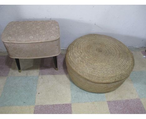 A mid century sewing box and contents along with a rattan style pouffe (A/F)