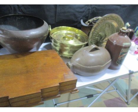 A collection of brass, copper, Art Deco canteen for cutlery etc.
