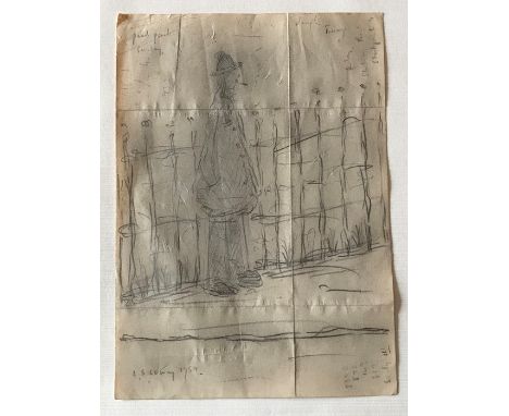 A pencil sketch attributed to L S Lowry ( Laurence Stephen Lowry 1887-1976) of a tramp smoking a cigarette by railings. Annot