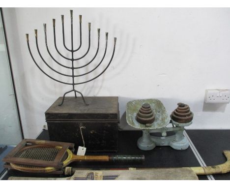 A wrought iron and brass Menorah, vintage scales, Slazenger Player tennis racket etc.