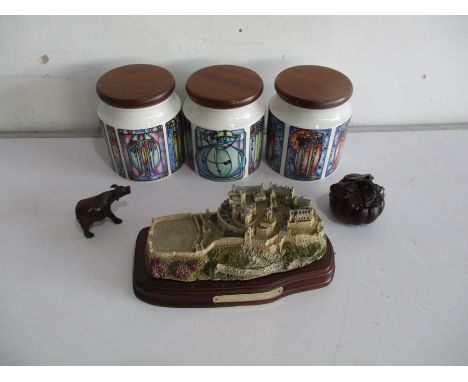 Three Renee Mackintosh inspired storage jars, along with a model of Edinburgh Castle, ceramic dog etc