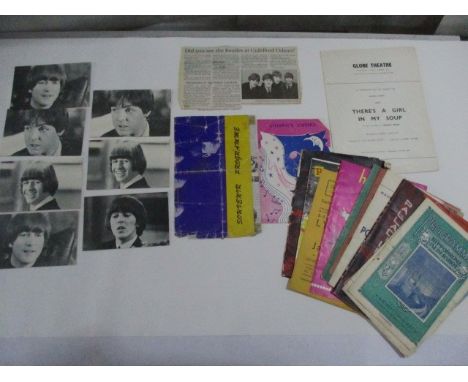 A collection of vintage theatre programmes, along with The Beatles postcards, newspaper clippings etc