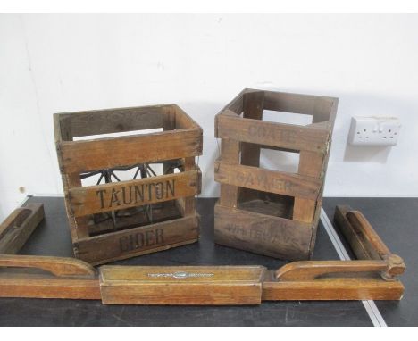 Two vintage crates- Taunton Cider and Gaymers along with an oak extending fender