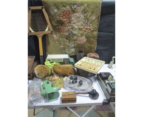 A collection of various boxes, vintage pyjama case, tennis racquet etc.