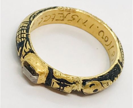 A mourning ring with black enamel detailing, old cut diamond solitaire engraved to inside RD ob 18th 1715 Aetat 87 A/F. Skele