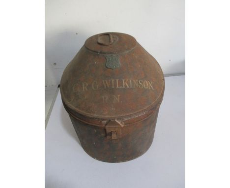 An antique military metal hat box named too C.R.G Wilkinson (Royal Navy), made by Gieves