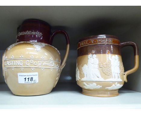 Two Victorian Doulton Lambeth Royal Commemorative stoneware jugs, decorated in relief  5'' &amp; 7''h       OS1