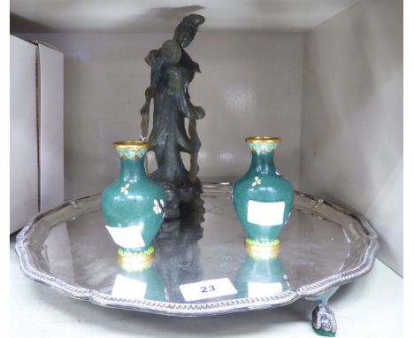 A mixed lot: to include a silver plated tray with talon and ball feet  14''dia; a pair of cloisonne vases  4''h; and a jade e