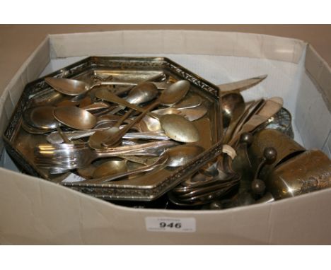 Box containing a small quantity of various silver plated items including dishes and flatware etc.