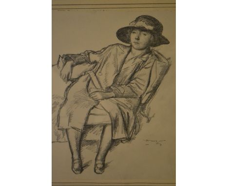 Harold Hope Read, pencil drawing, portrait of a seated lady wearing a wide brimmed  hat, signed with initials and dated '24, 