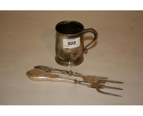 Small London silver Christening mug engraved Miriam, together with a Birmingham silver handled serving fork with bright cut d
