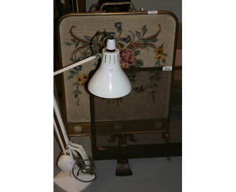 Iron work fire guard, brass framed fire guard with woolwork insert and an Anglepoise white painted lamp
