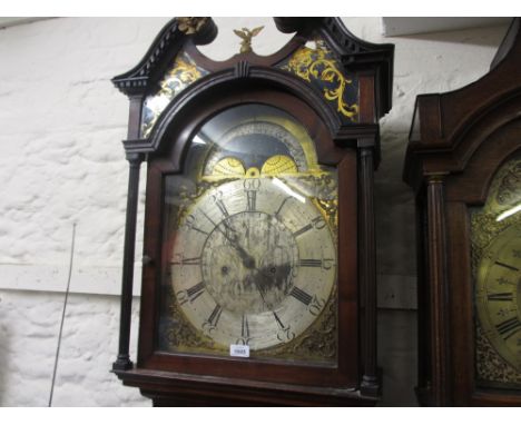 George III mahogany shell and line inlaid longcase clock, the arched hood with swan neck pediment above a shaped door and con