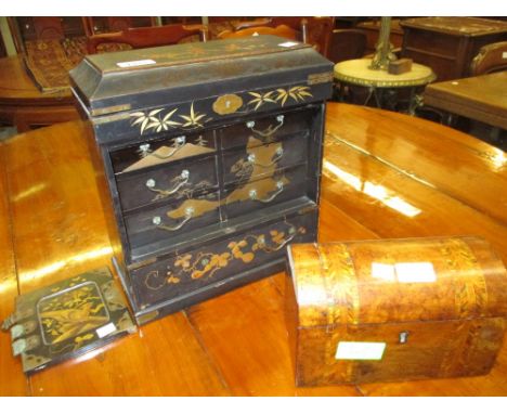 19th Century Japanese lacquer table cabinet (a/f) together with a Victorian walnut dome top tea caddy (a/f)