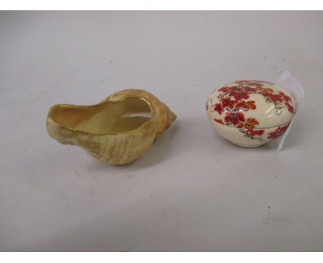 Royal Worcester miniature shell form vase and a miniature Satsuma circular box and cover