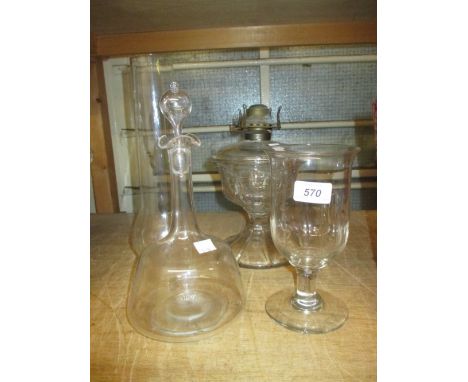 Glass oil lamp, glass celery vase and a decanter with stopper