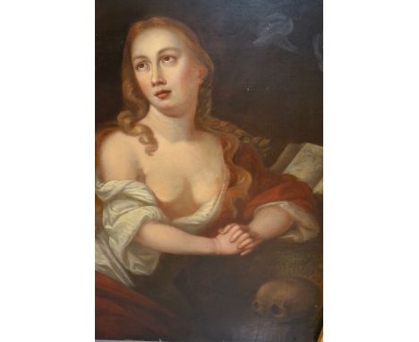 18th Century oil on canvas, half length portrait of a seated lady with book and skull, 40ins x 31.5ins, unframed