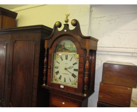 19th Century oak, mahogany and satin birch longcase clock, the broken arch hood above a rectangular panelled door and conform