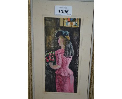 Gouache painting, portrait of a young lady holding a bunch of flowers, indistinctly signed, 7.5ins x 3ins