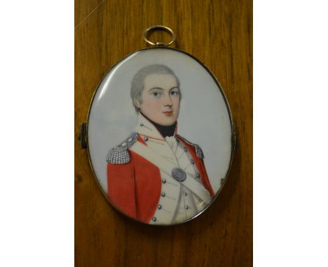 18th / 19th Century oval head and shoulder portrait miniature of an officer in red dress uniform with sash, unsigned, having 