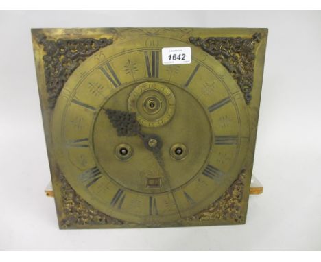 18th Century longcase clock dial with cherub spandrels, Arabic and Roman numerals, subsidiary seconds dial and date aperture,