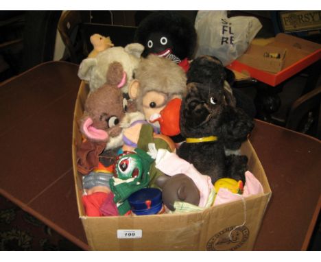 Steiff figure of a black poodle, 1960's German Punch and Judy puppets and a quantity of other soft toys