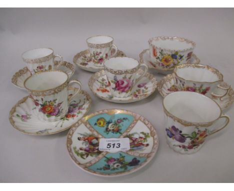 Group of six various Dresden porcelain coffee cups and saucers decorated with floral sprigs, together with a similar bowl and