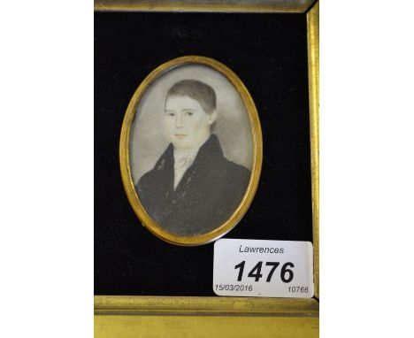 Early 19th Century oval head and shoulder portrait miniature on ivory of Fergus Armstrong in a velvet and gilt frame, 2.75ins