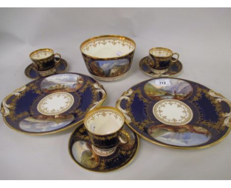 John Locket Longton, 19th Century twelve place setting tea service with two cake plates and slops bowl, all hand painted with