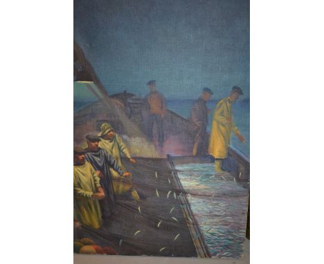 Two unframed oils on canvas, fishermen hauling in the nets and portrait of a seated gentleman, signed Askew