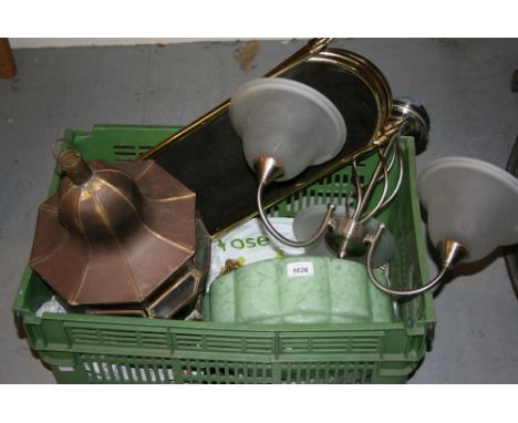 1930's Green glass hanging lamp shade, a modern three branch chandelier, a fire guard and a modern brass and coloured glass l