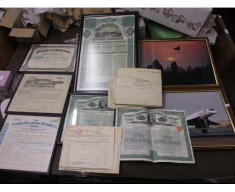 Quantity of framed share certificates, together with a quantity of unframed railway dividend vouchers, small quantity of inde